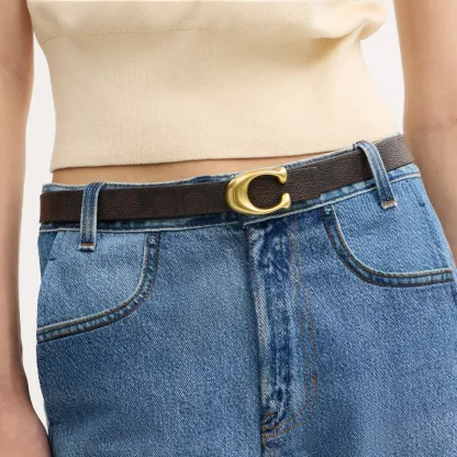 COACH®,Sculpted C Buckle Reversible Belt, 25 Mm,Canvas,Leather,Standard,Logo,Metal,Reversible,Brass Gold,Gold Metal,Casual,Black,Brown,Detail View