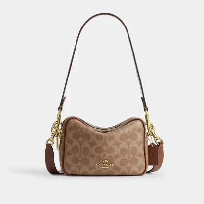 COACH®,Mini Carey Crossbody Bag In Signature Canvas,Polyester,Leather,Canvas,Crossbody,Metal Material,Logo,Metal,Piping,Pe...,,Front View