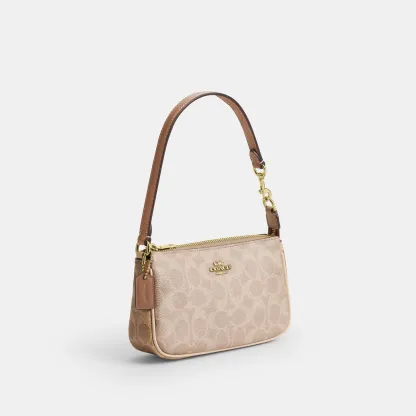 COACH®,Nolita 19 In Blocked Signature Canvas,Shoulder Bag,Logo,Casual,Beige,Angle View
