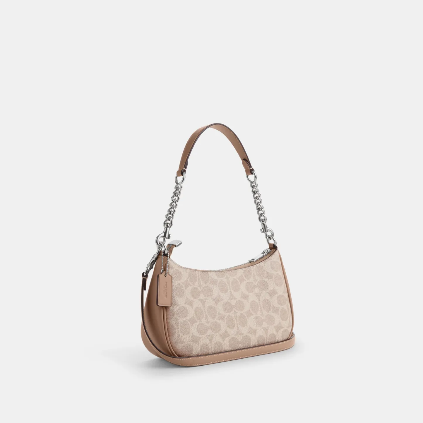 COACH®,Teri Shoulder Bag In Signature Canvas,Shoulder Bag,Logo,Tag Embellishment,Embossed,Metal,Casual,Beige,Angle View