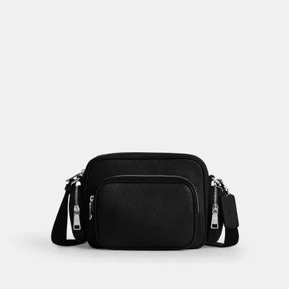 COACH®,Fletcher Crossbody Bag,Leather,Crossbody,Metal Material,Metal,Sustainable,Adjustable,Silver Metal,Casual,Black,Front View