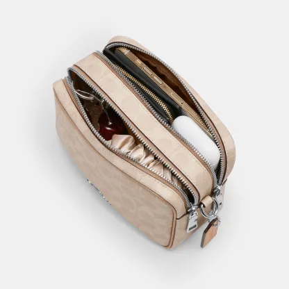 COACH®,Mini Carey Crossbody Bag In Signature Canvas,Polyester,Leather,Canvas,Crossbody,Metal Material,Logo,Metal,Piping,Pe...,Multi Color,Inside View,Top View