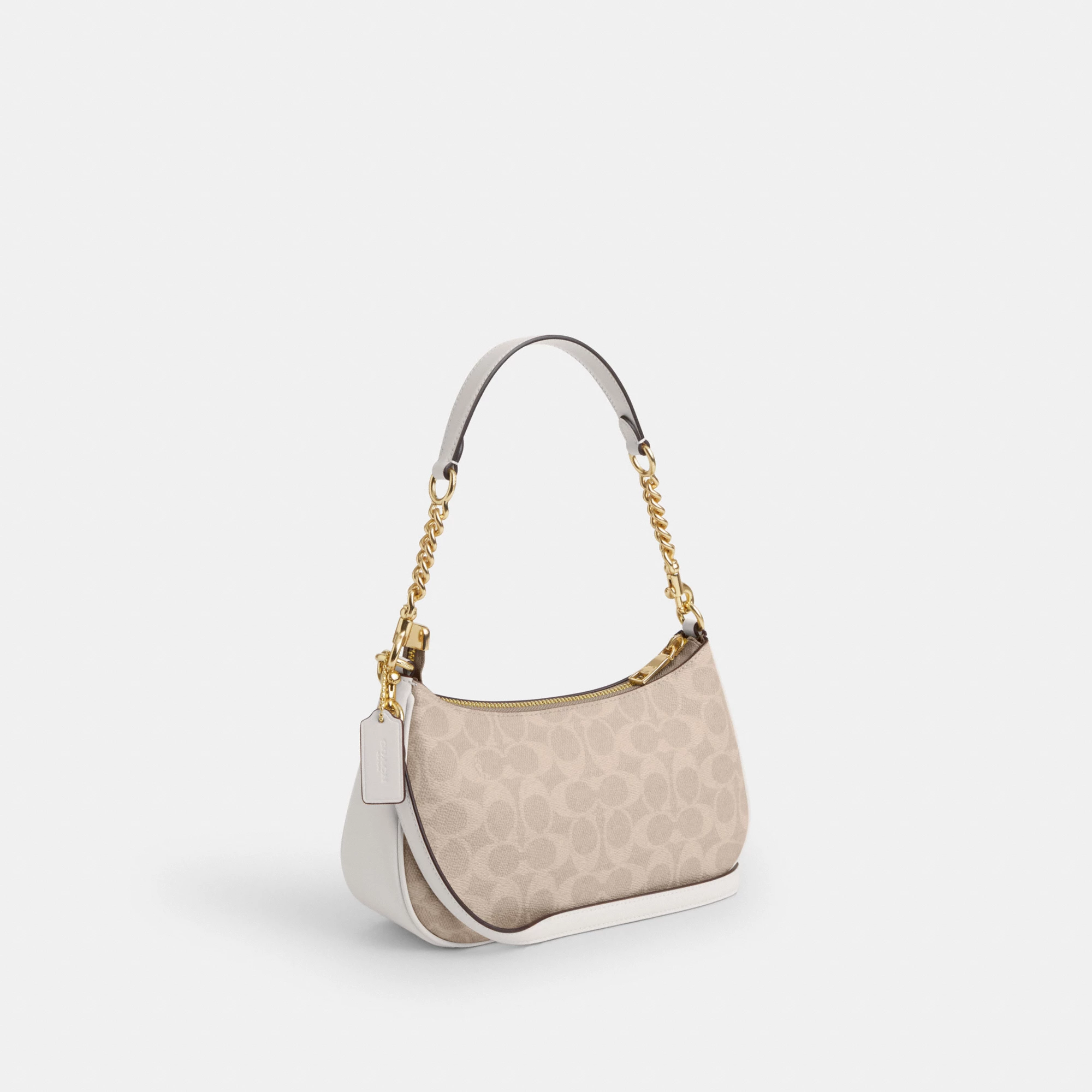 COACH®,Teri Shoulder Bag In Signature Canvas,Shoulder Bag,Logo,Tag Embellishment,Embossed,Metal,Casual,Beige,Angle View