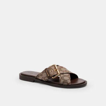 COACH®,Crisscross Buckle Sandal In Signature Jacquard,Polyester,Cotton,Sandals,Fabric,Metal,Sustainable,Casual,Brown,Front View