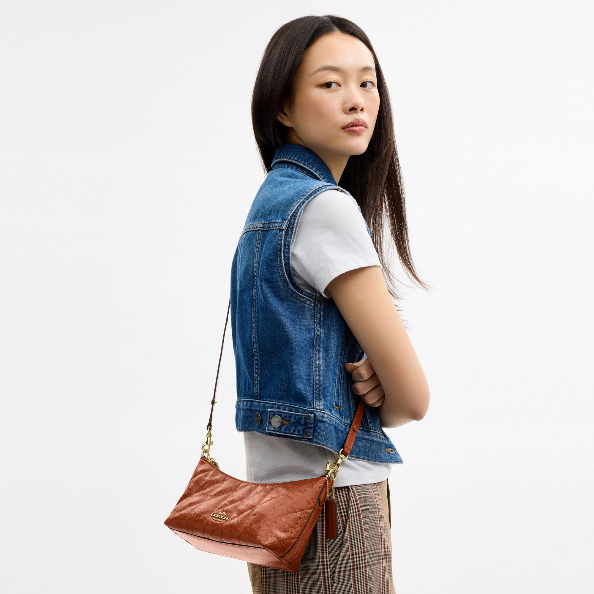 COACH®,Caitlin Shoulder Bag With Quilting And Charm,Recycled Polyester,Leather,Shoulder Bag,Metal Material,Metal,Logo,Sust...,Brown