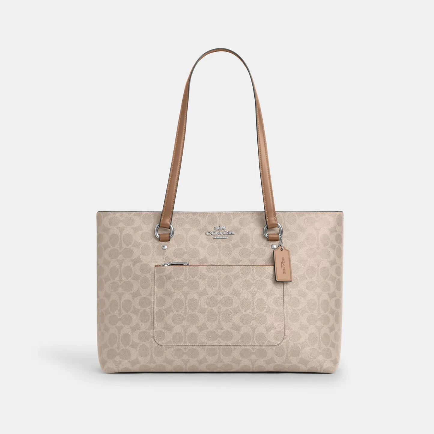 COACH®,Station Tote Bag In Signature Canvas,Canvas,Fabric,Mixed Media,Leather,Tote,Logo,Pattern,Luggage Tag,Lined,Silver M...,Multi Color,Front View