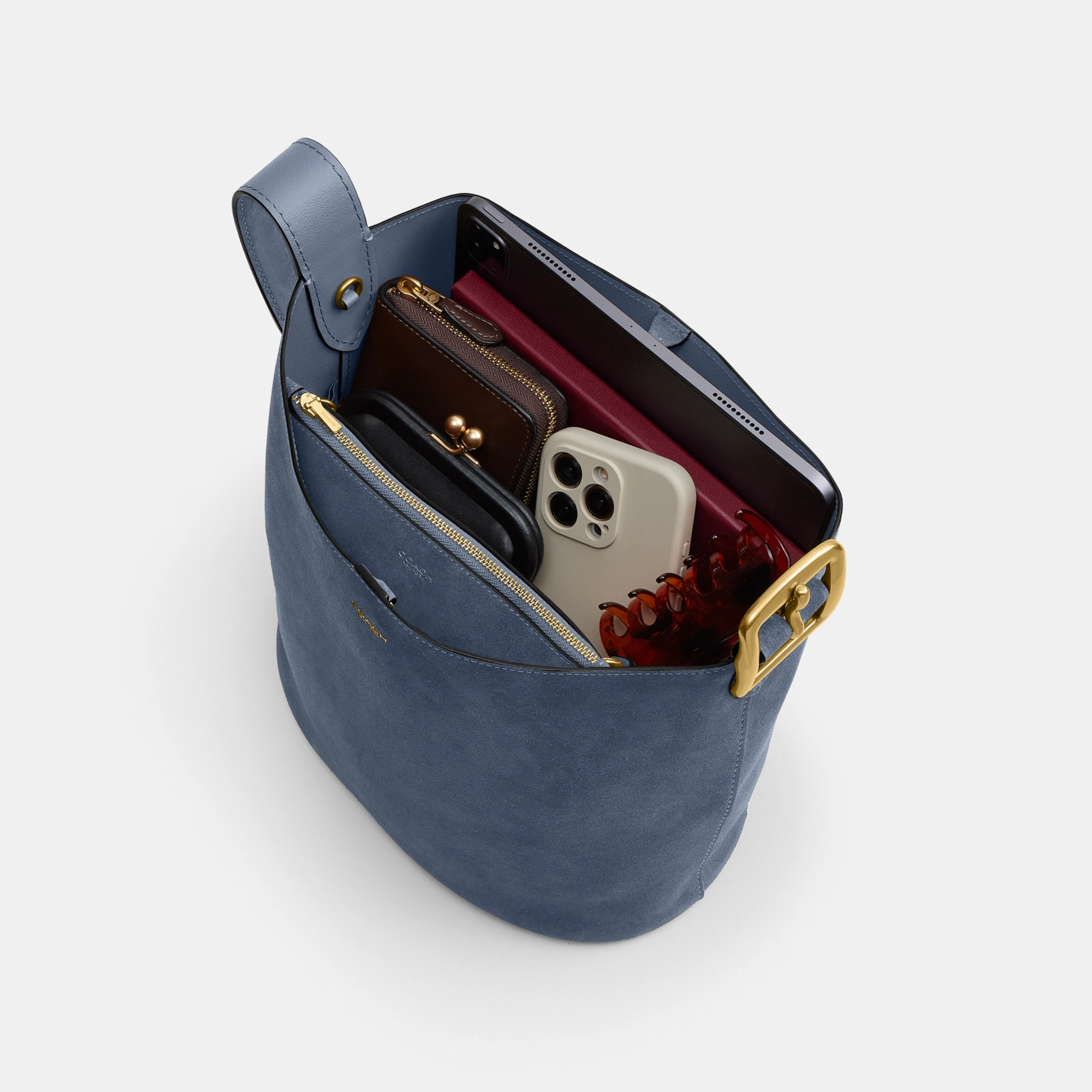 COACH®,Bleecker Bucket Bag,Leather,Suede,Bucket,Hobo,Embellished,Lined,Adjustable,Gold Metal,Casual,Navy,Inside View,Top View