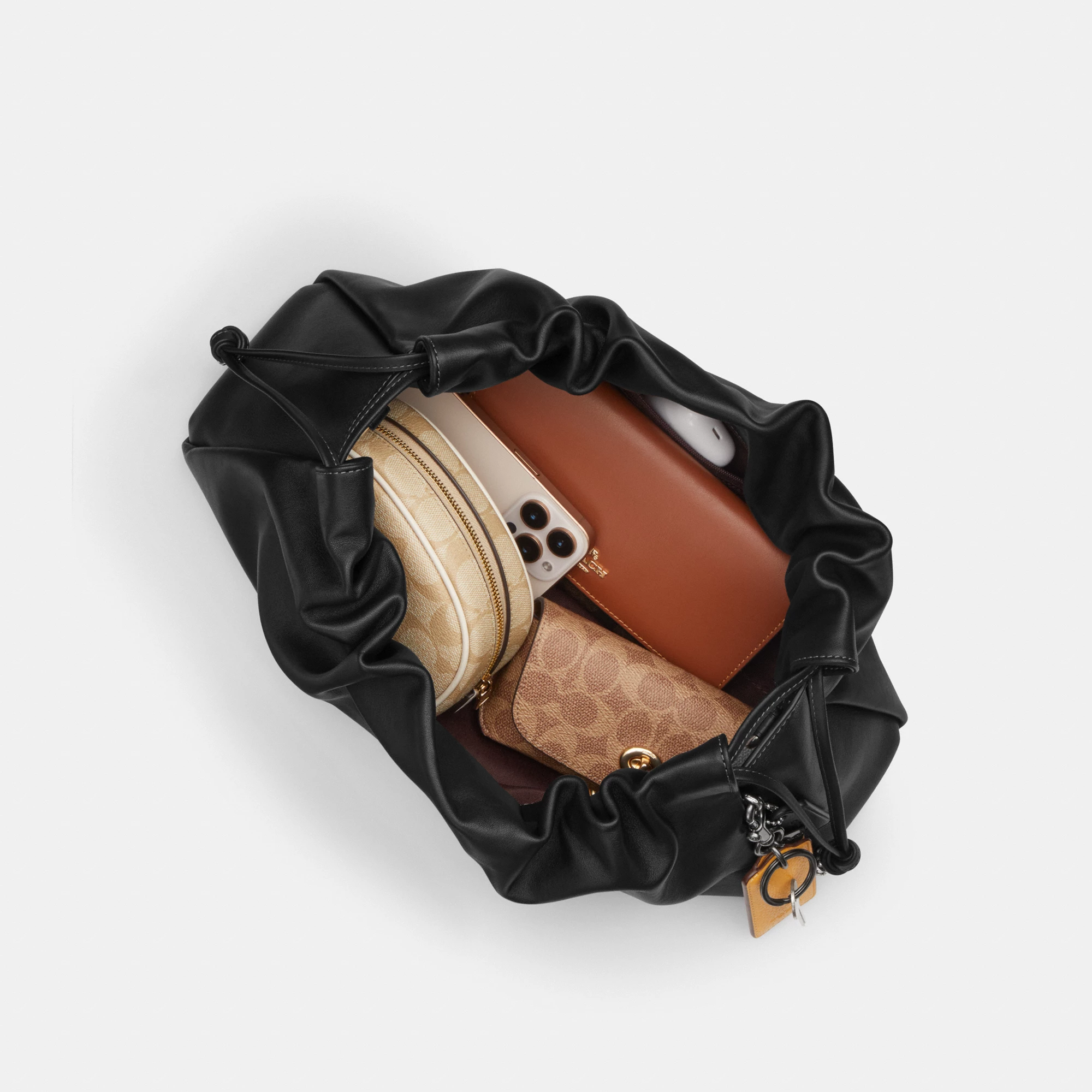 COACH®,Faye Large Shoulder Bag,Leather,Bucket,Logo,Ruched,Metal,Shoulder Guard,Lined,Silver Metal,Day Party,Black,Inside View,Top View