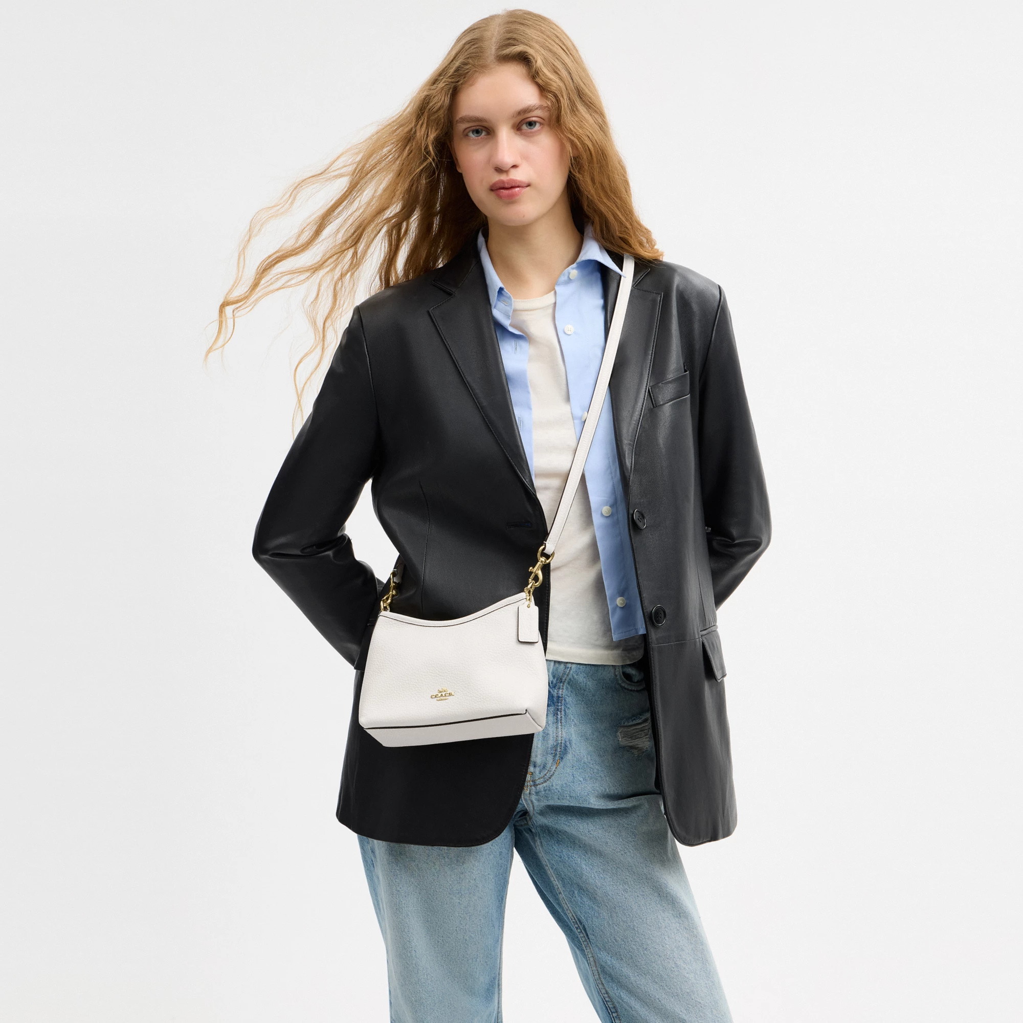 COACH®,Laurel Small Shoulder Bag,Leather,Shoulder Bag,Metal,Logo,Gold Metal,Casual,White