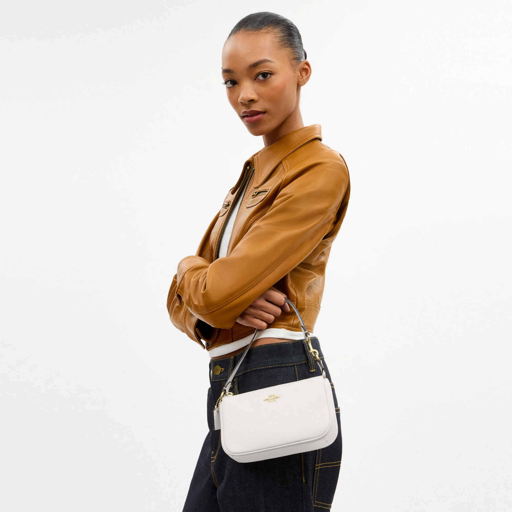 COACH®,Nolita 19,Leather,Pouch,Wristlet,Metal,Logo,Gold Metal,Casual,White,Detail View
