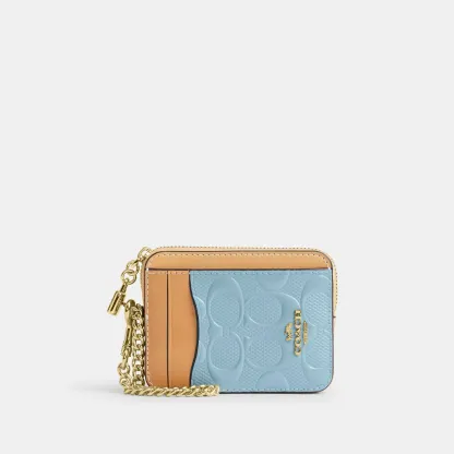 COACH®,Zip Card Case In Signature Leather With Charm,Blue,Front View