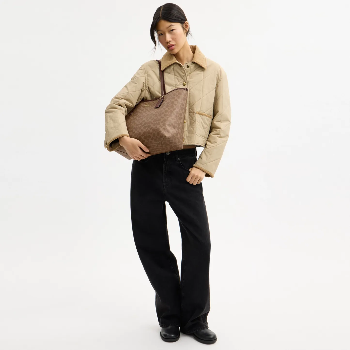 COACH®,City Tote Bag In Signature Canvas,Tote,Metal,Tag Embellishment,Color Block,Embossed,Piping,Logo,Casual,Multi Color,Detail View