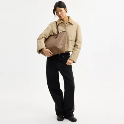 COACH®,City Tote Bag In Signature Canvas,Tote,Metal,Tag Embellishment,Color Block,Embossed,Piping,Logo,Casual,Multi Color,Detail View