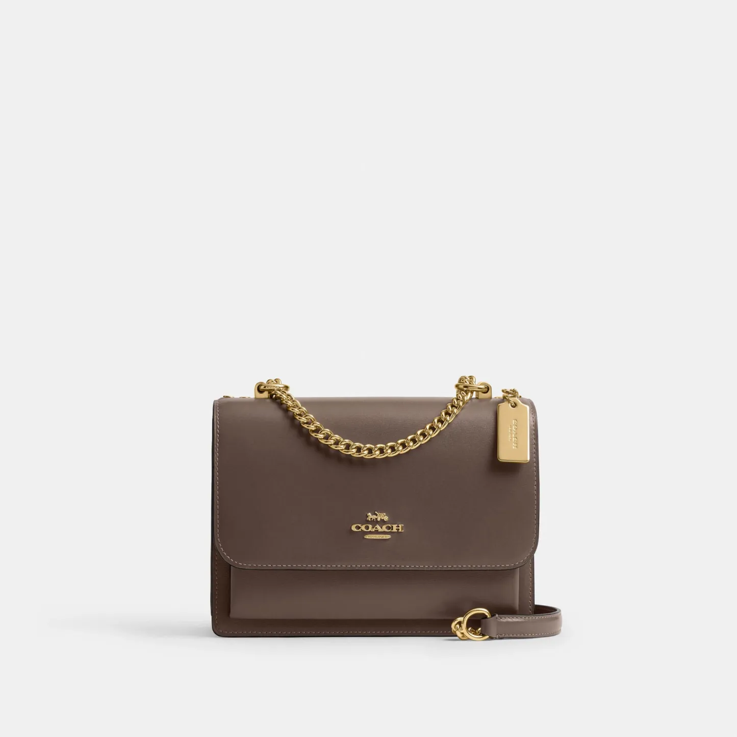 COACH®,Klare Crossbody Bag,Calfskin Leather,Leather,Crossbody,Metal,Logo,Luggage Tag,Adjustable,Lined,Compact,Gold Metal,D...,Brown,Front View