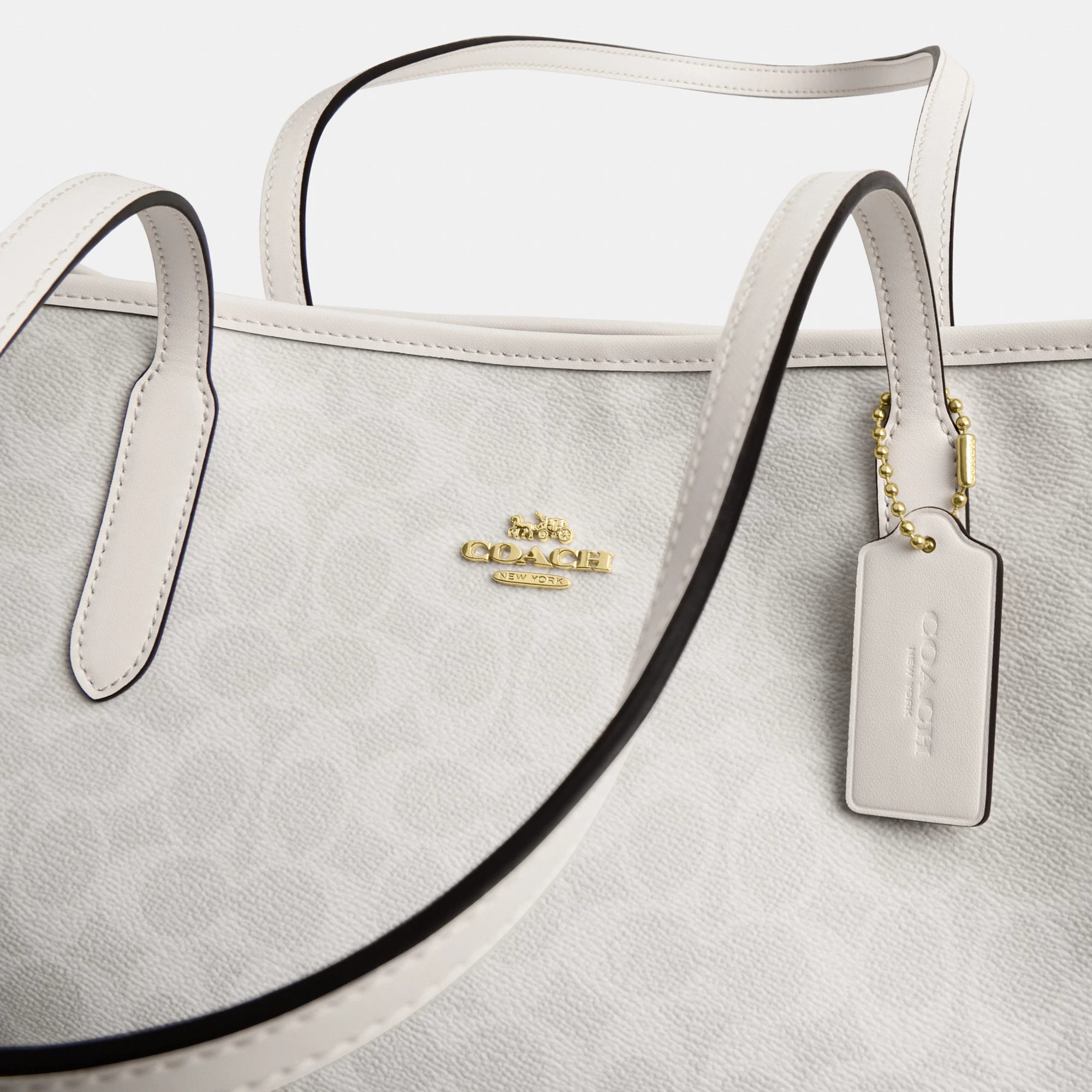 COACH®,City Tote Bag In Signature Canvas,Tote,Metal,Tag Embellishment,Color Block,Embossed,Piping,Logo,Casual,Gray,Closer View