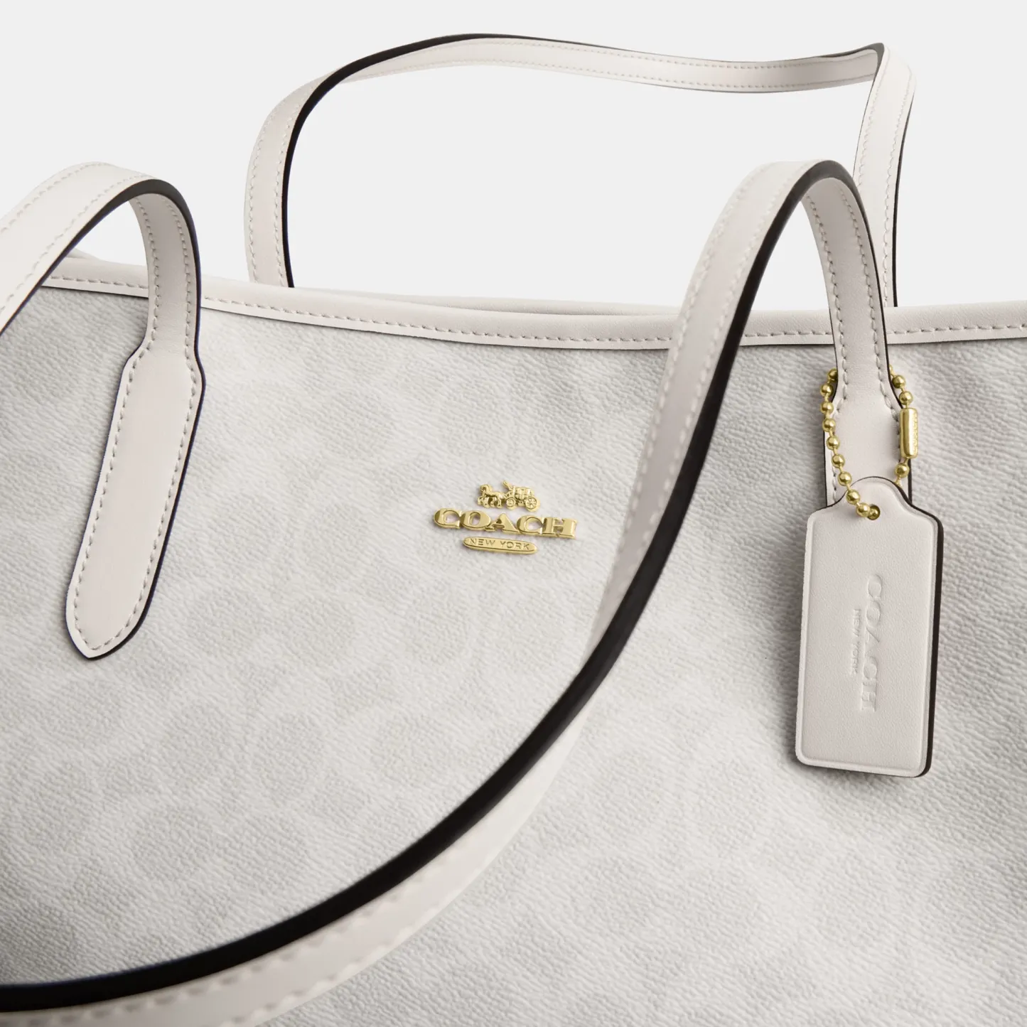 COACH®,City Tote Bag In Signature Canvas,Tote,Metal,Tag Embellishment,Color Block,Embossed,Piping,Logo,Casual,Gray,Closer View