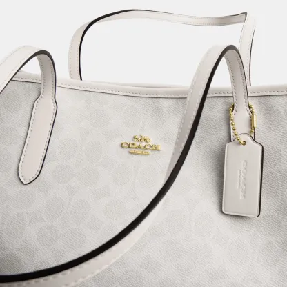 COACH®,City Tote Bag In Signature Canvas,Tote,Metal,Tag Embellishment,Color Block,Embossed,Piping,Logo,Casual,Gray,Closer View