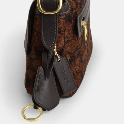 COACH®,Etta Small Flap Shoulder Bag In Signature Chenille,Leather,Fabric,Shoulder Bag,Word Embellishment,Logo,Adjustable,C...,Brown,Closer View