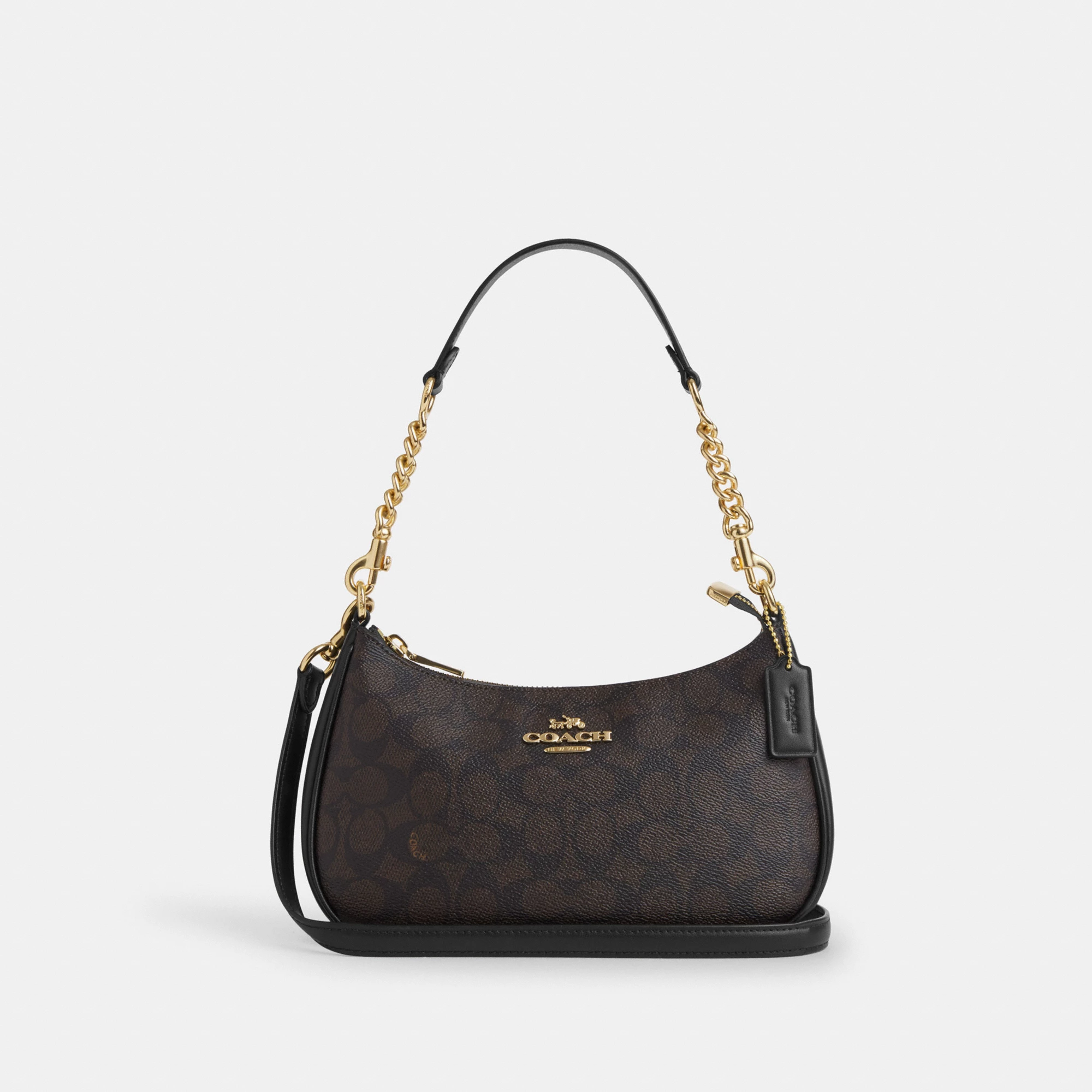 COACH®,Teri Shoulder Bag In Signature Canvas,Shoulder Bag,Logo,Tag Embellishment,Embossed,Metal,Casual,Brown,Front View