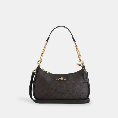 COACH®,Teri Shoulder Bag In Signature Canvas,Shoulder Bag,Logo,Tag Embellishment,Embossed,Metal,Casual,Brown,Front View