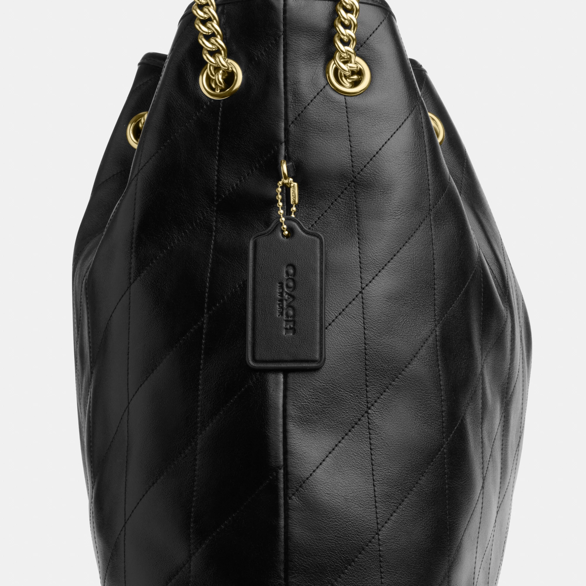 COACH®,Evelyn Large Shoulder Bag With Quilting,Leather,Bucket,Metal,Logo,Day Party,Black,Closer View