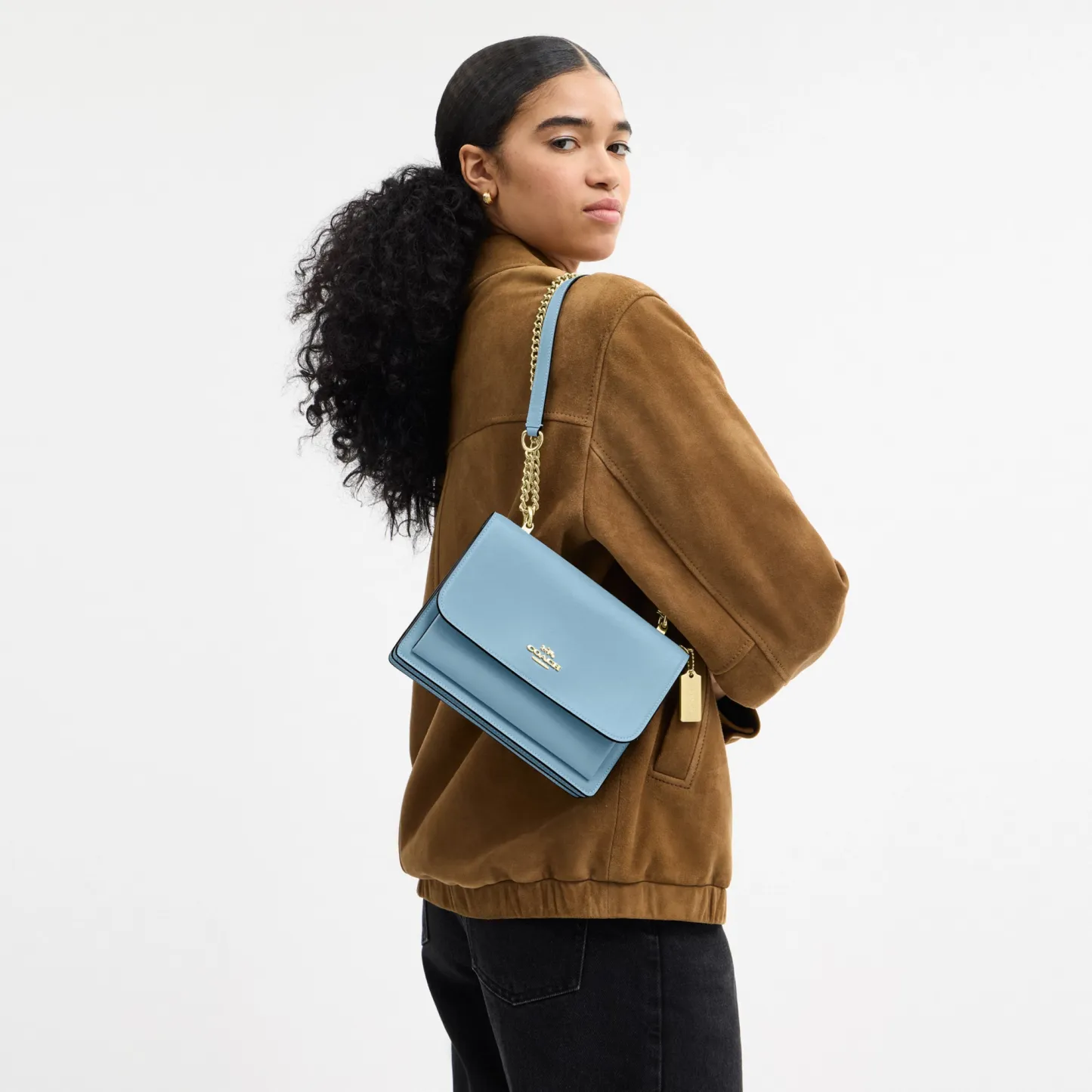 COACH®,Klare Crossbody Bag,Calfskin Leather,Leather,Crossbody,Metal,Logo,Luggage Tag,Adjustable,Lined,Compact,Gold Metal,D...,Blue,Detail View
