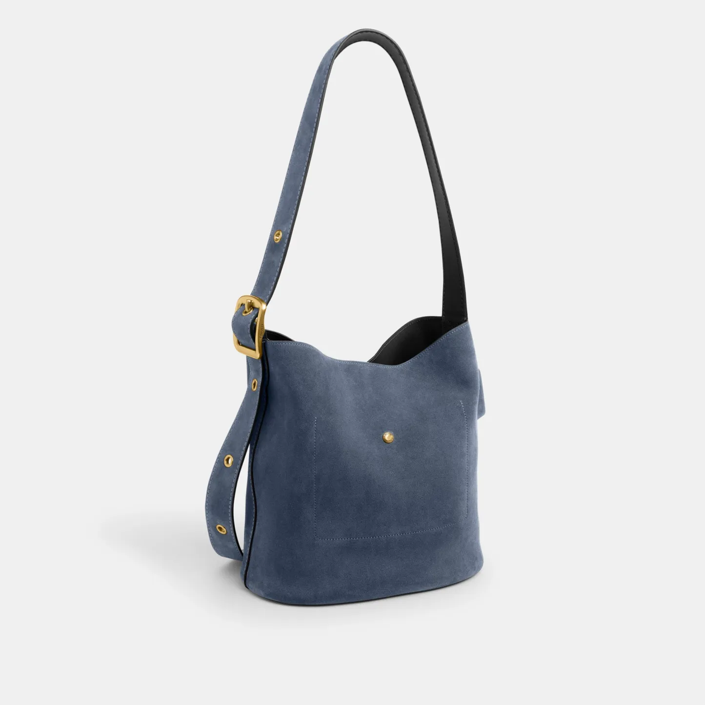 COACH®,Bleecker Bucket Bag,Leather,Suede,Bucket,Hobo,Embellished,Lined,Adjustable,Gold Metal,Casual,Navy,Angle View