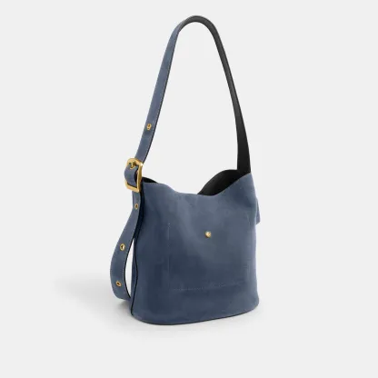 COACH®,Bleecker Bucket Bag,Leather,Suede,Bucket,Hobo,Embellished,Lined,Adjustable,Gold Metal,Casual,Navy,Angle View