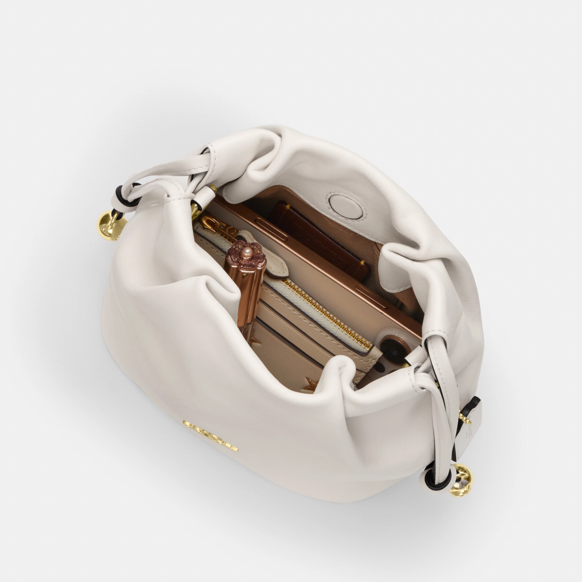 COACH®,Faye Mini Drawstring Bag,Leather,Bucket,Logo,Metal,Silver Metal,Day Party,White,Inside View,Top View