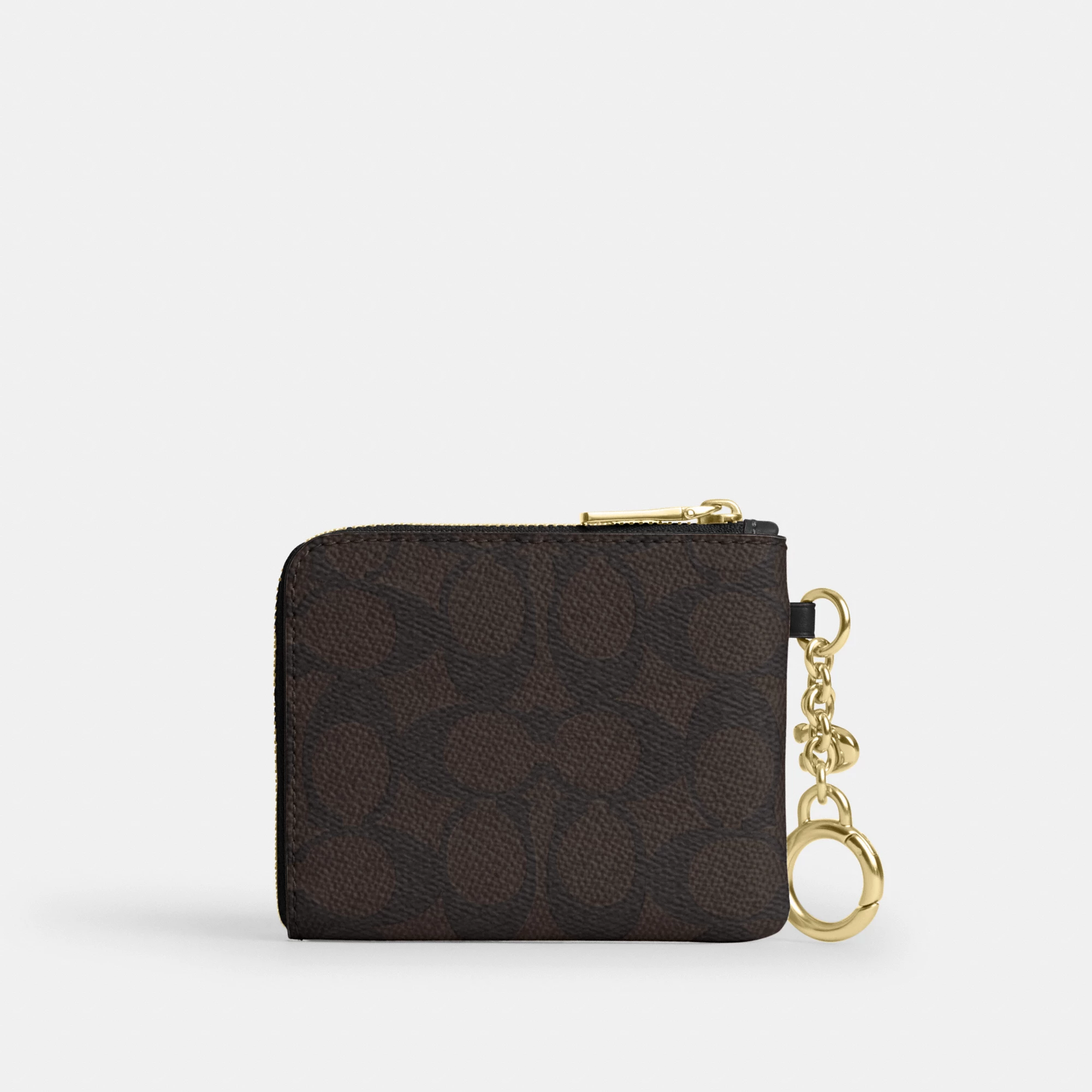 COACH®,Small Corner Zip Wallet In Signature Canvas,Canvas,Leather,Metal Material,Logo,Key Ring,Gold Metal,Casual, Father's...,Brown,Back View