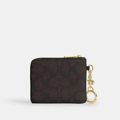 COACH®,Small Corner Zip Wallet In Signature Canvas,Canvas,Leather,Metal Material,Logo,Key Ring,Gold Metal,Casual, Father's...,Brown,Back View