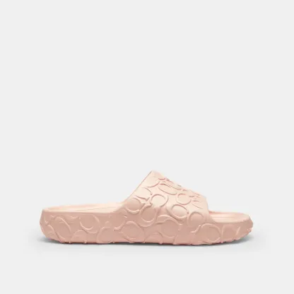 COACH®,Bay Slide In Signature,EVA,Slides,Embossed,Logo,Pull Tab,Casual,Pink,Angle View