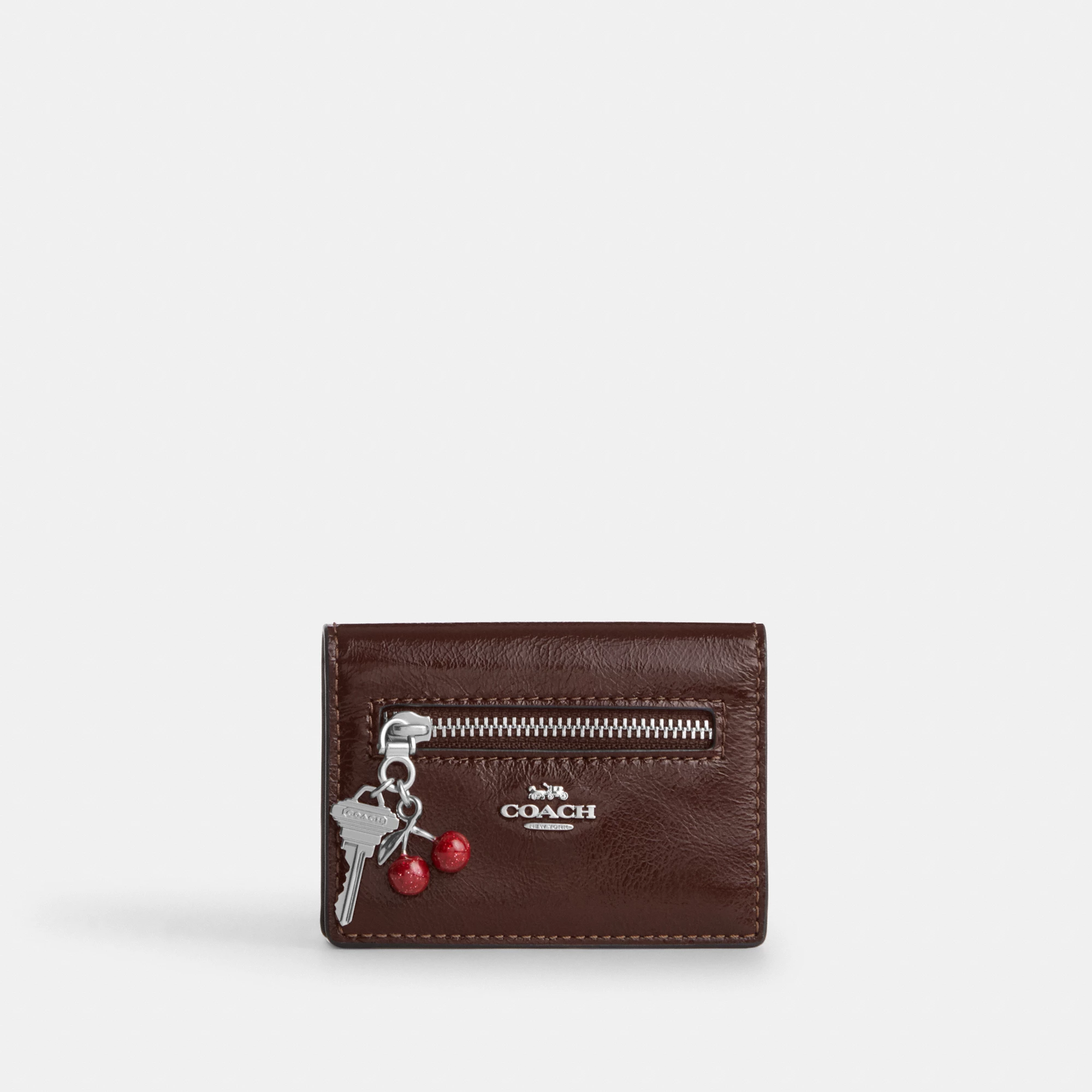 COACH®,Card Case With Charms,Leather,Card Case,Logo,Silver Metal,Casual, Father's Day,Brown,Front View