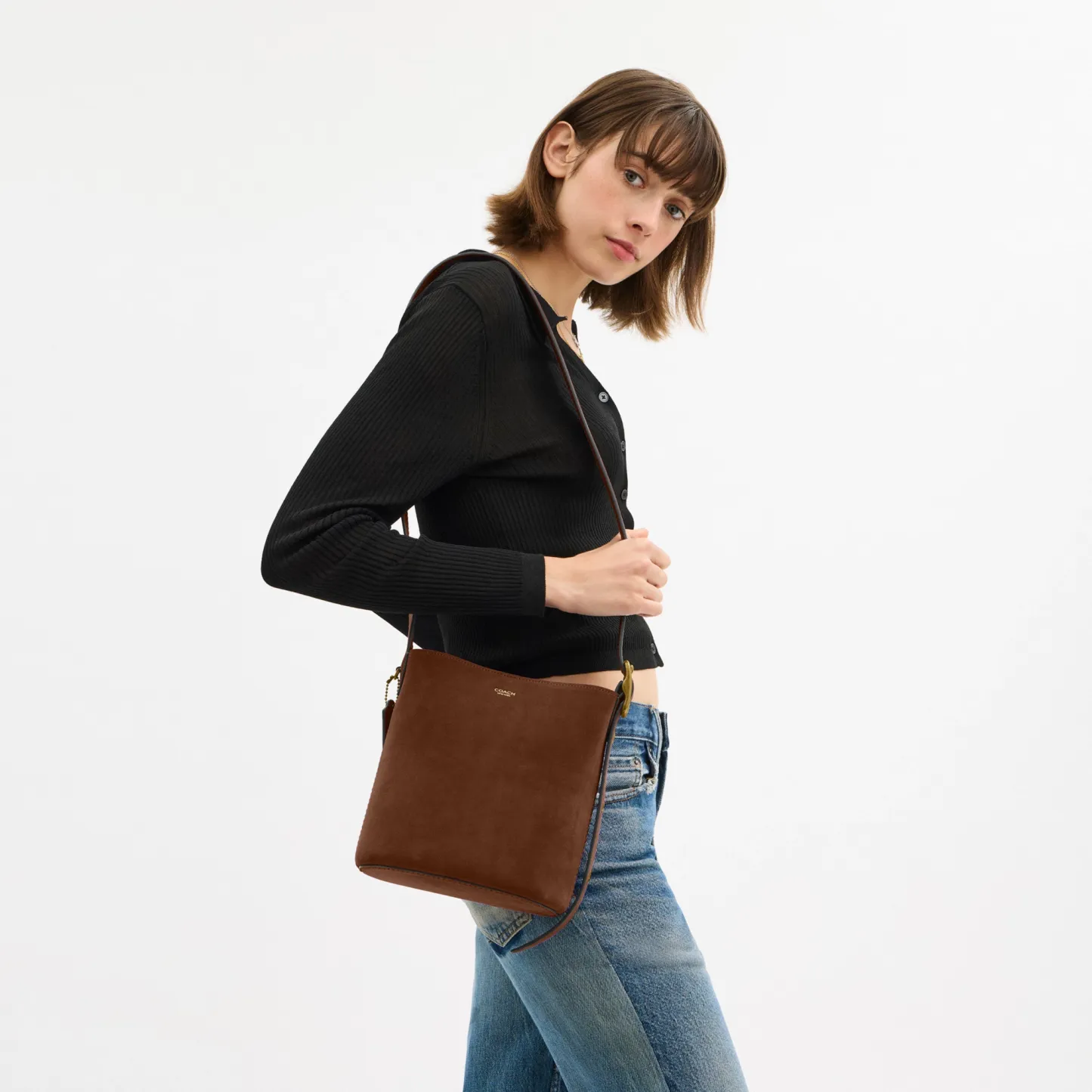 COACH®,Bleecker Bucket Bag 21,Suede,Bucket,Adjustable,Brass,Casual,Brown
