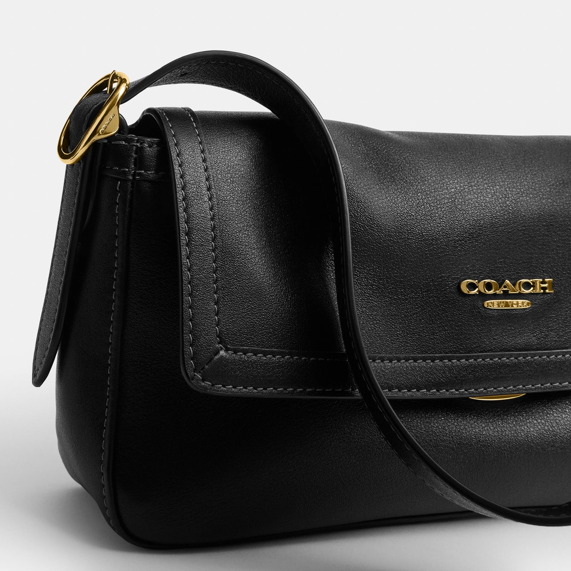COACH®,Etta Small Flap Shoulder Bag,Recycled Polyester,Shoulder Bag,Logo,Compact,2 in 1,Sustainable,Adjustable,Gold Metal,...,Black,Closer View