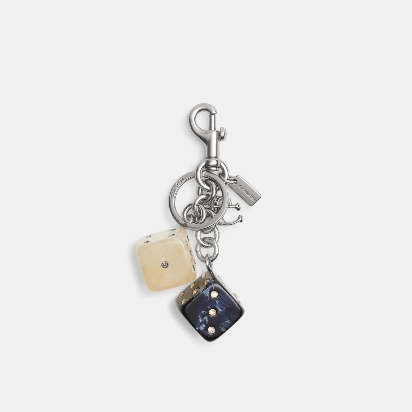 COACH®,Dice Bag Charm,Bag Charm,Resin,3D Embellishment,Rhinestones,Glitter,Key Ring,Gold Metal,Navy,Front View