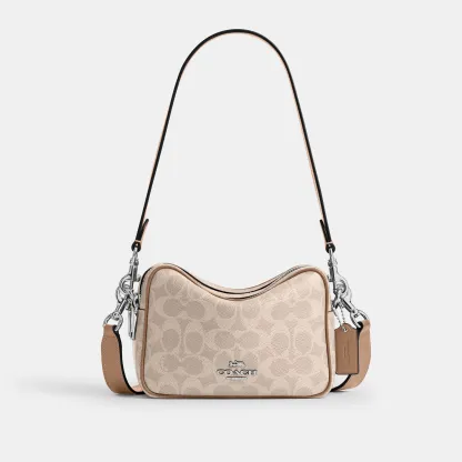 COACH®,Mini Carey Crossbody Bag In Signature Canvas,Polyester,Leather,Canvas,Crossbody,Metal Material,Logo,Metal,Piping,Pe...,Multi Color,Front View