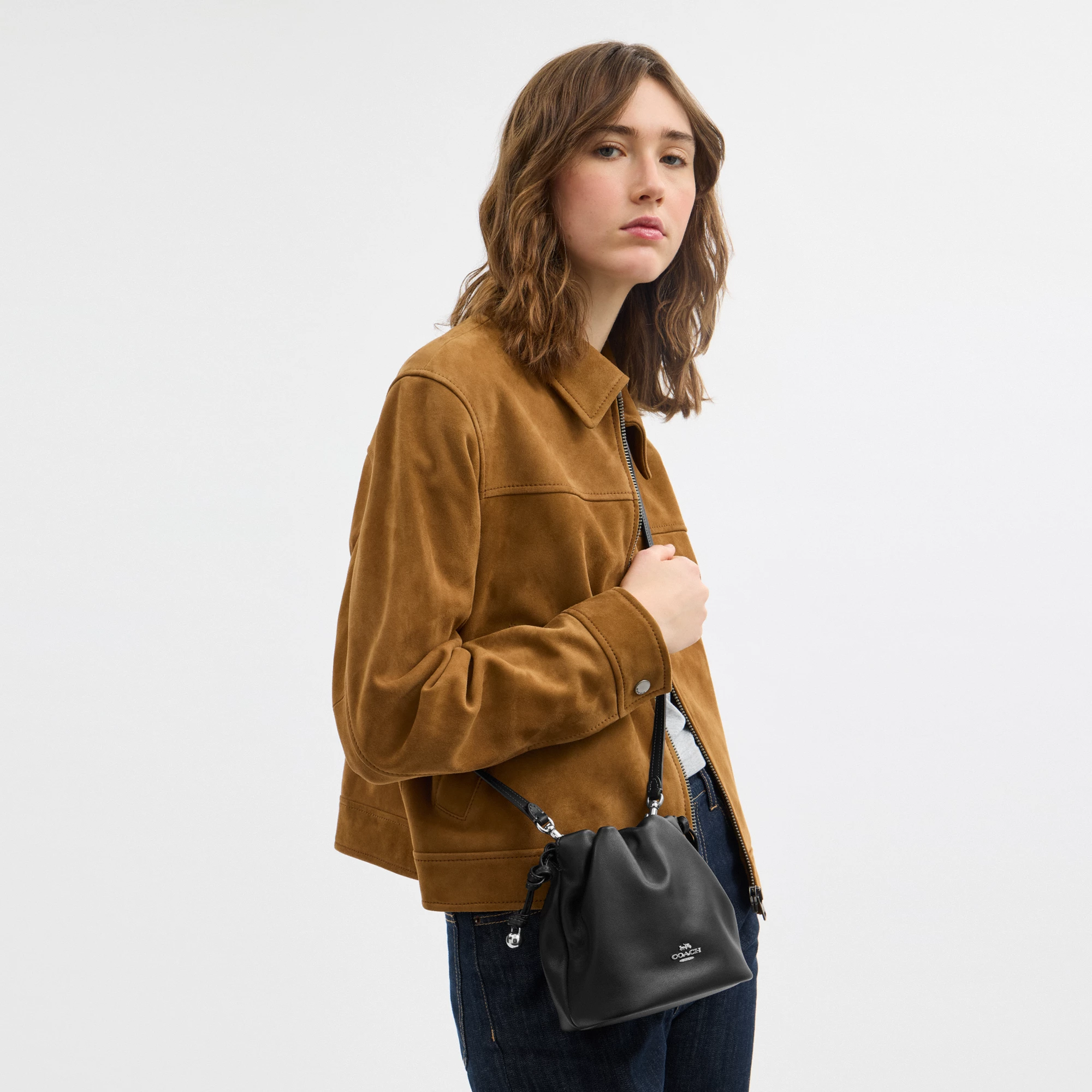 COACH®,Faye Mini Drawstring Bag,Leather,Bucket,Logo,Metal,Silver Metal,Day Party,Black