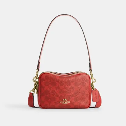 COACH®,Mini Carey Crossbody Bag In Signature Canvas,Polyester,Leather,Canvas,Crossbody,Metal Material,Logo,Metal,Piping,Pe...,Red,Front View
