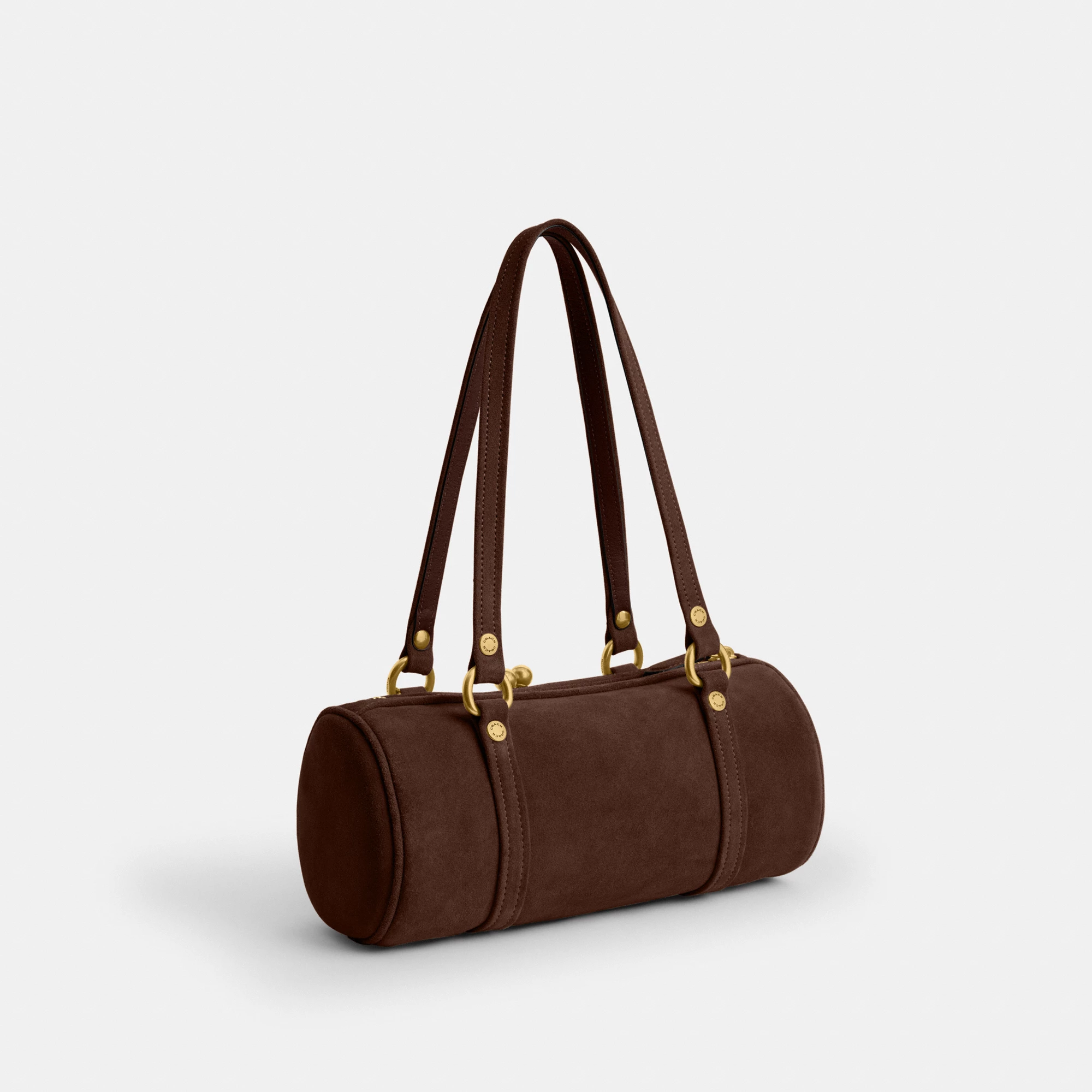 COACH®,Kisslock Barrel Bag 28,Lining Cotton,Suede,Leather,Barrel Bag,Pendant,Sustainable,Compact,Brass,Day Party,Brown,Angle View