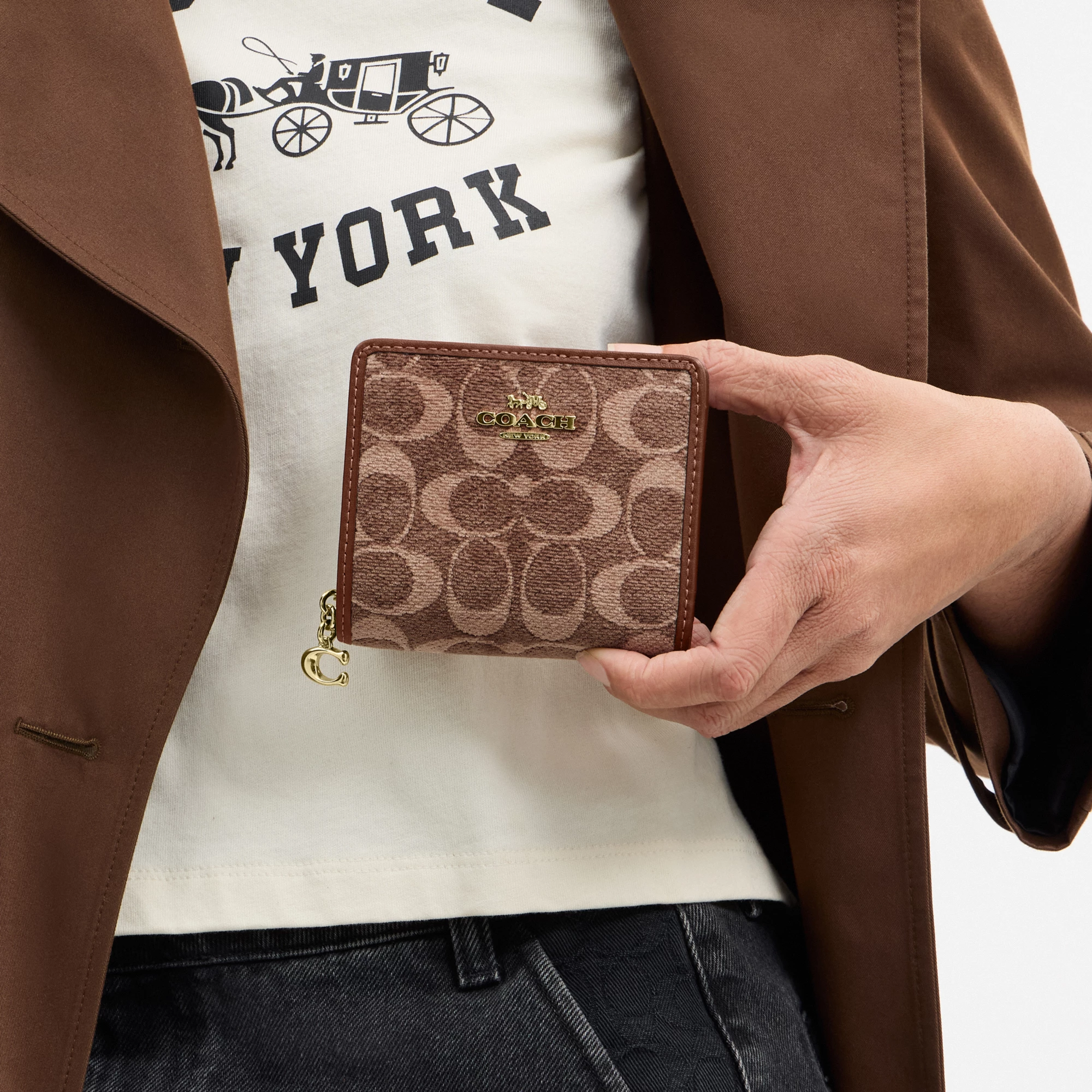 COACH®,Snap Wallet In Signature Chenille,Leather,Bi Fold,Logo,Metal,Key Ring,Casual,Brown,Detail View