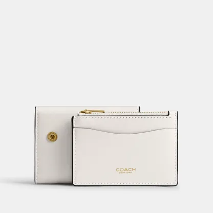 COACH®,Essential Card Holder Wallet,Leather,Calfskin Leather,Card Case,Bi Fold,Logo,Metal,Casual,White,Angle View