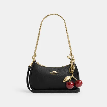 COACH®,Teri Mini Crossbody Bag,Leather,Recycled Polyester,Crossbody,Logo,Adjustable,Compact,Gold Metal,Casual,Black,Angle View