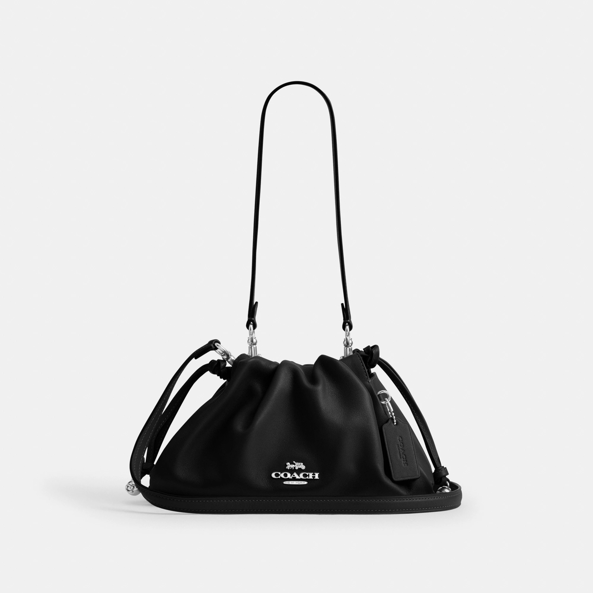COACH®,Faye Shoulder Bag,Shoulder Bag,Metal,Ball Embellishment,Drawstring,Logo,Casual,Black,Front View