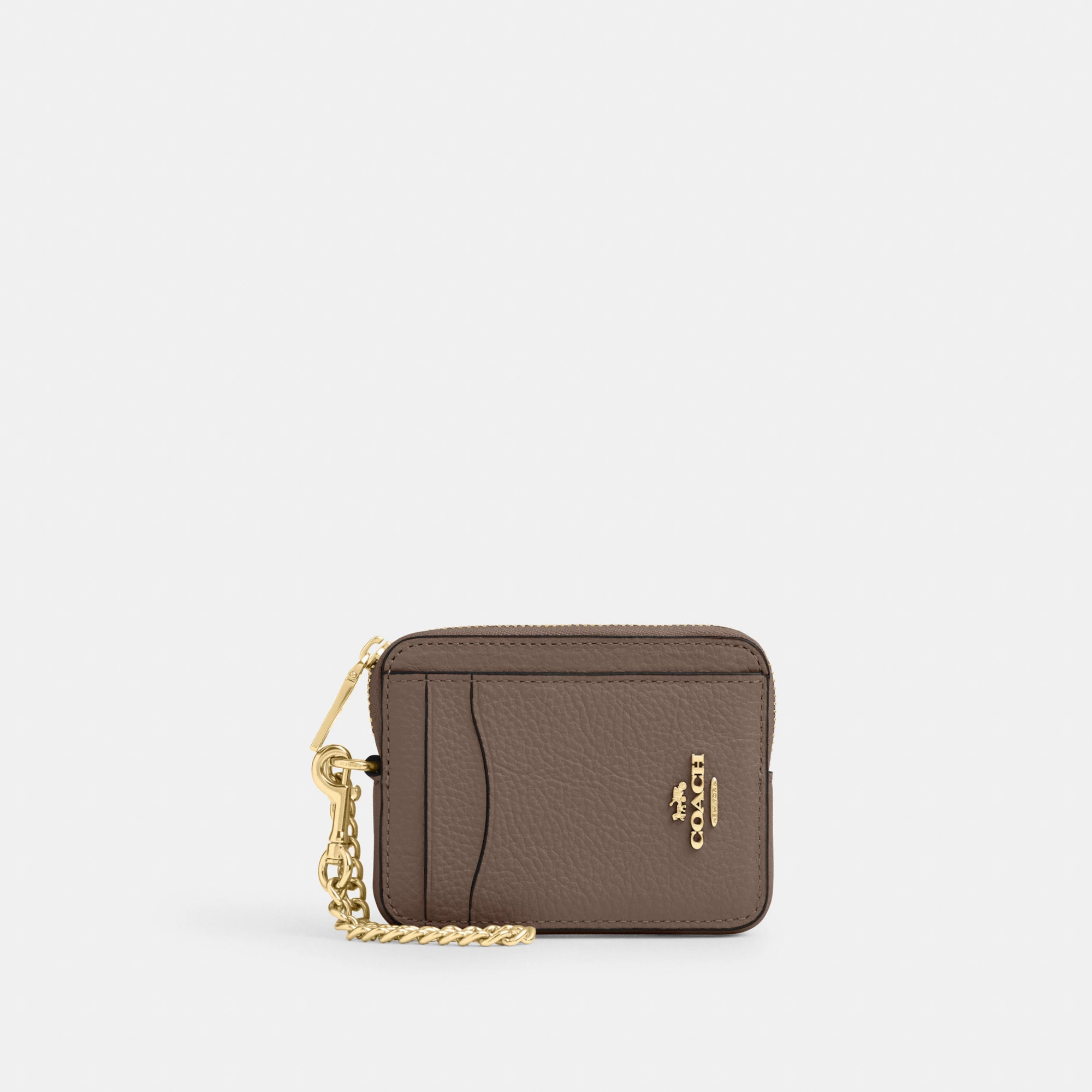 COACH®,Zip Card Case,Leather,Coin,Wristlet,Card Case,Gold Metal,Casual,Brown,Front View