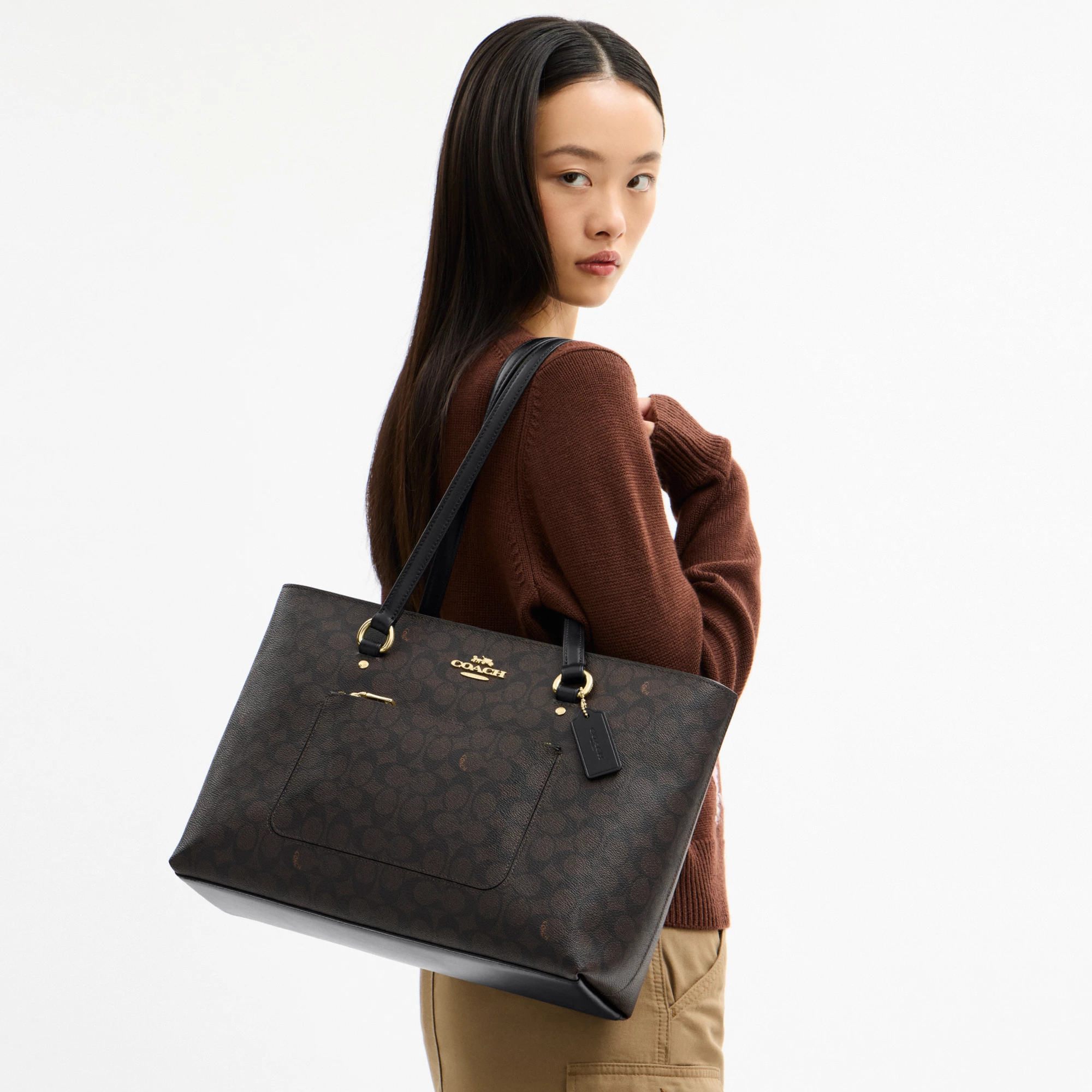COACH®,Station Tote Bag In Signature Canvas,Canvas,Fabric,Mixed Media,Leather,Tote,Logo,Pattern,Luggage Tag,Lined,Silver M...,Multi Color,Detail View