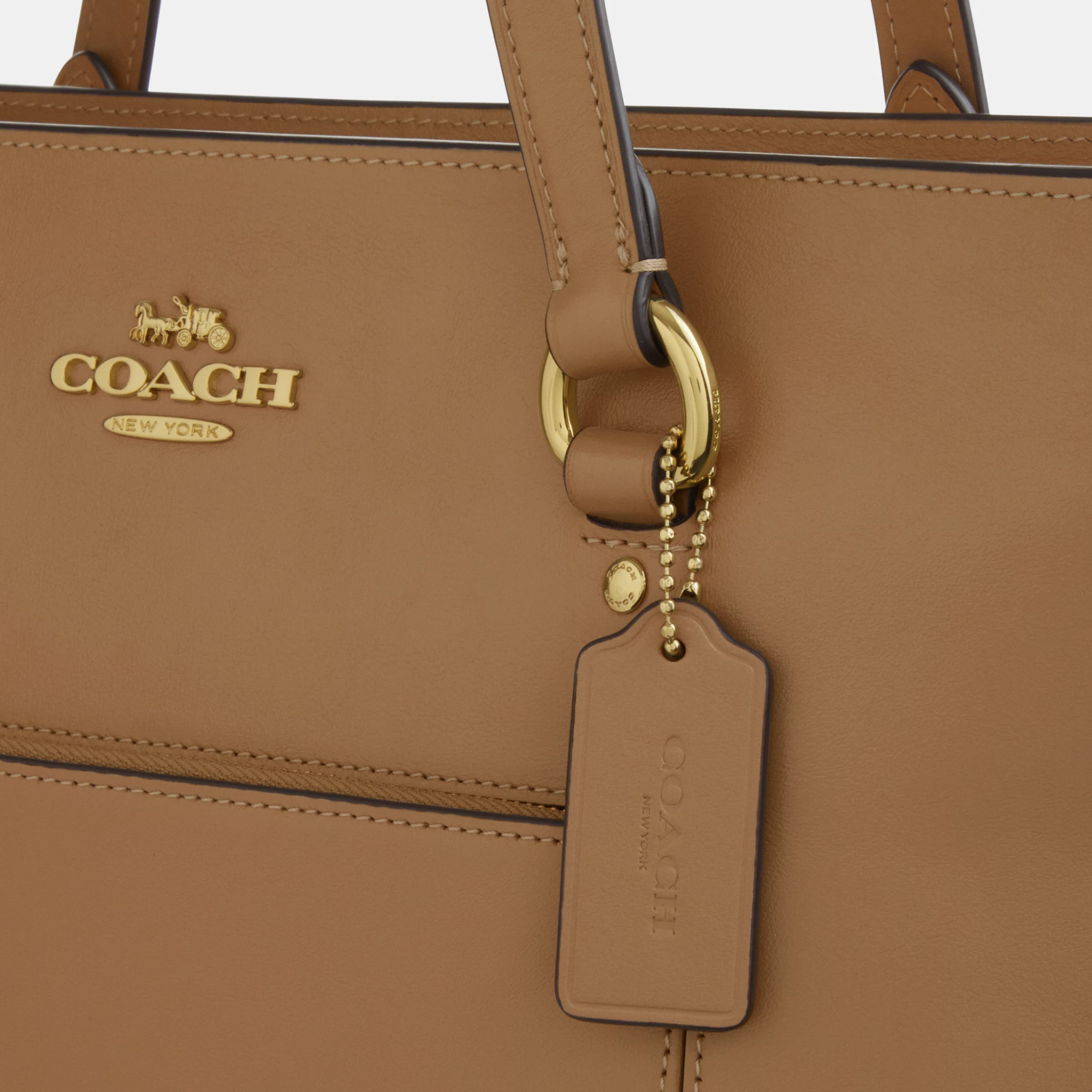 COACH®,Station Tote Bag,Leather,Recycled Polyester,Tote,Logo,Metal,Gold Metal,Work,Brown,Closer View