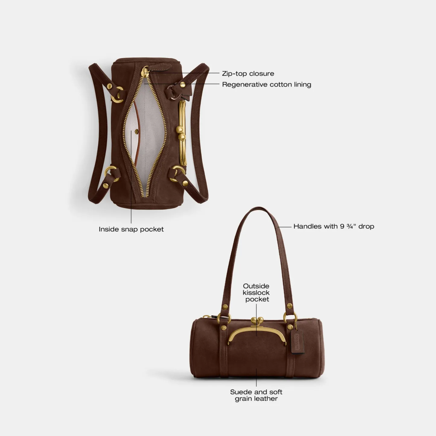 COACH®,Kisslock Barrel Bag 28,Lining Cotton,Suede,Leather,Barrel Bag,Pendant,Sustainable,Compact,Brass,Day Party,Brown