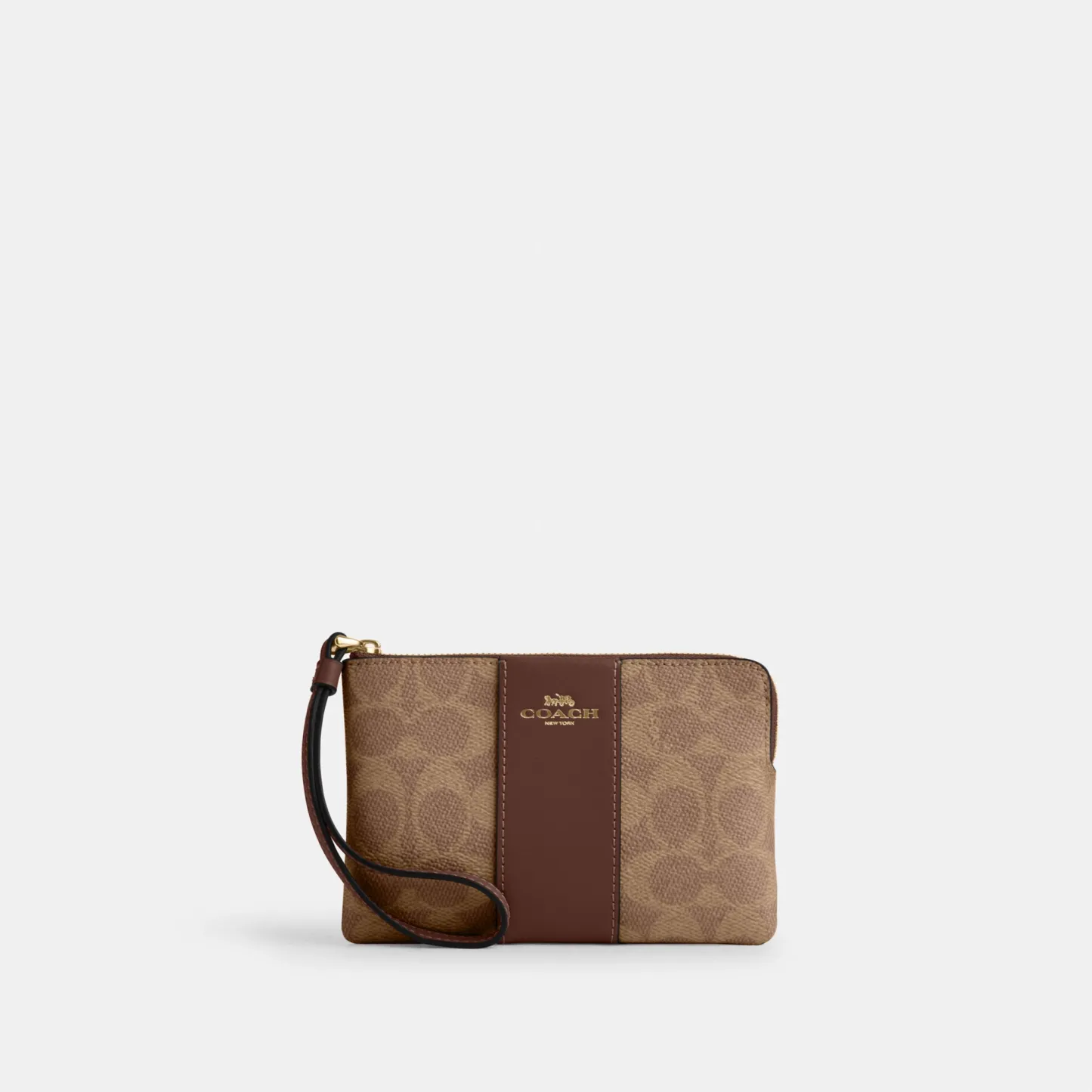 COACH®,Corner Zip Wristlet In Signature Canvas With Stripe,Wristlet,Pouch,Color Block,Casual,Brown,Front View