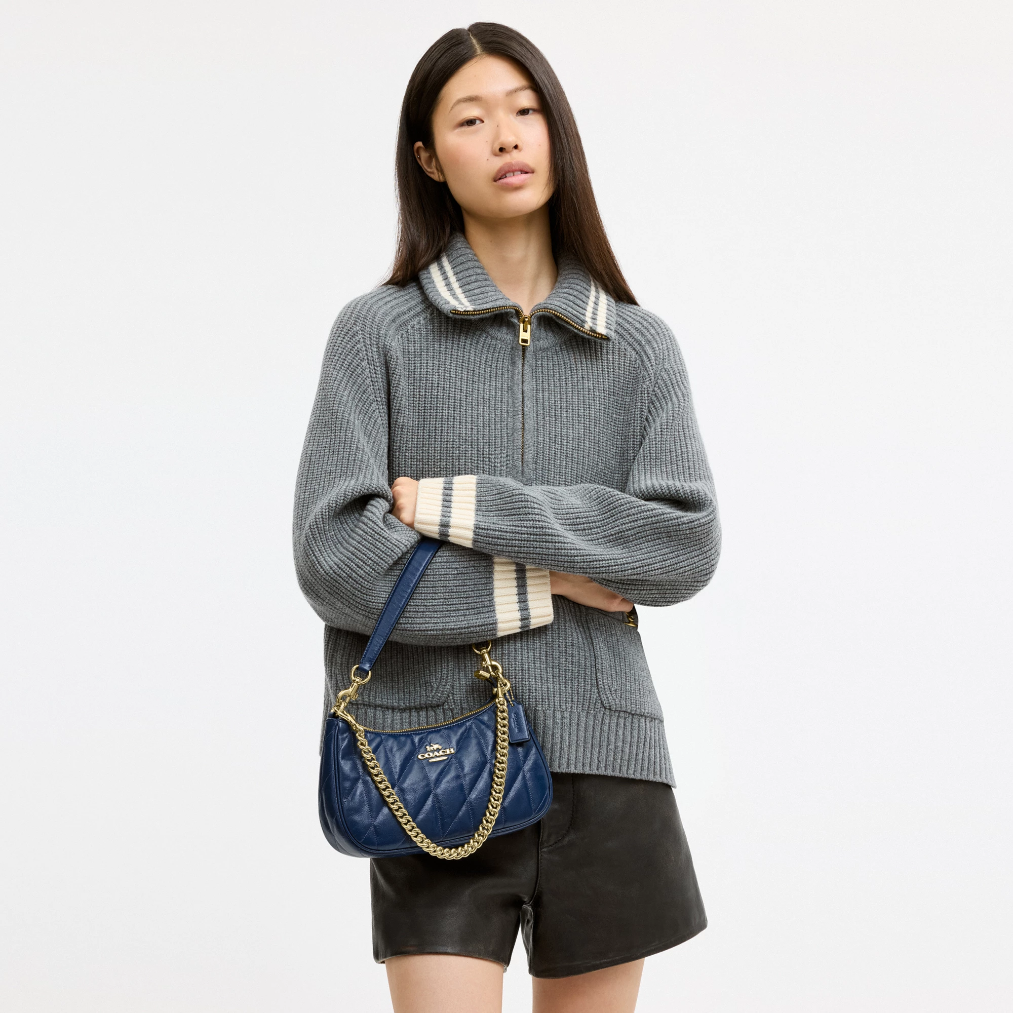 COACH®,Teri Shoulder Bag With Quilting,Recycled Polyester,Leather,Shoulder Bag,Metal,Logo,Silver Metal,Casual,Blue,Detail View